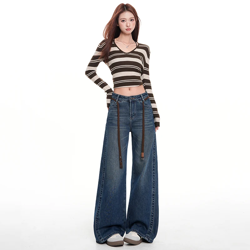 Pantalons en denim extensible pour femmes, taille haute, jambes larges, jeans amples, amincissants, longs, rétro, mode printemps