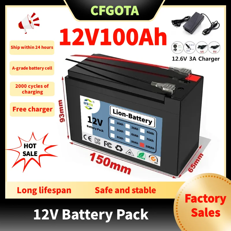 

12V 100Ah 100000mAh 18650 lithium battery 30A sprayer built-in high current BMS electric vehicle battery +12.6V charger