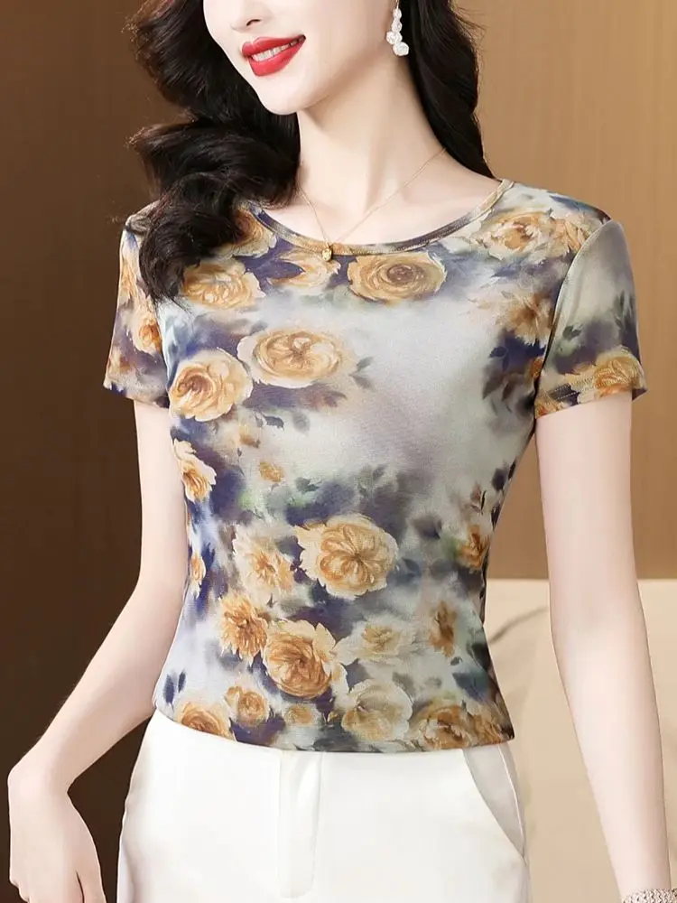 

Summer Women Short Sleeve O-neck T Shirt for Women Fashion Ladies T-shirt Print Flowers Stretchy Top Casual Clothes