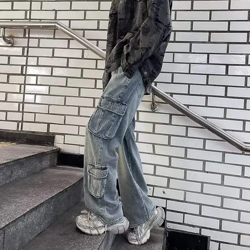 Autumn Men's Jeans High Street American Retro Full Length Straight Leg Hip Hop Loose Casual Streetwear for Male Y2k Denim Pants