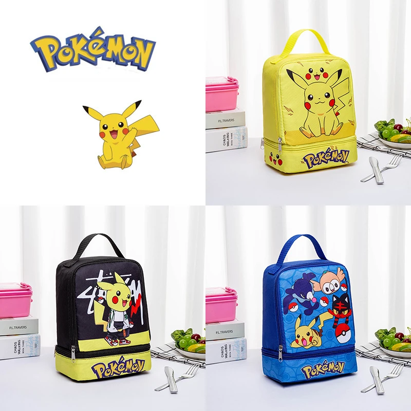 Anime Pokemon Pikachu New Children's Portable Lunch Box bag Snack milk Fruit Storage Bag Creative Double-layer Student lunch Bag black baseball caps