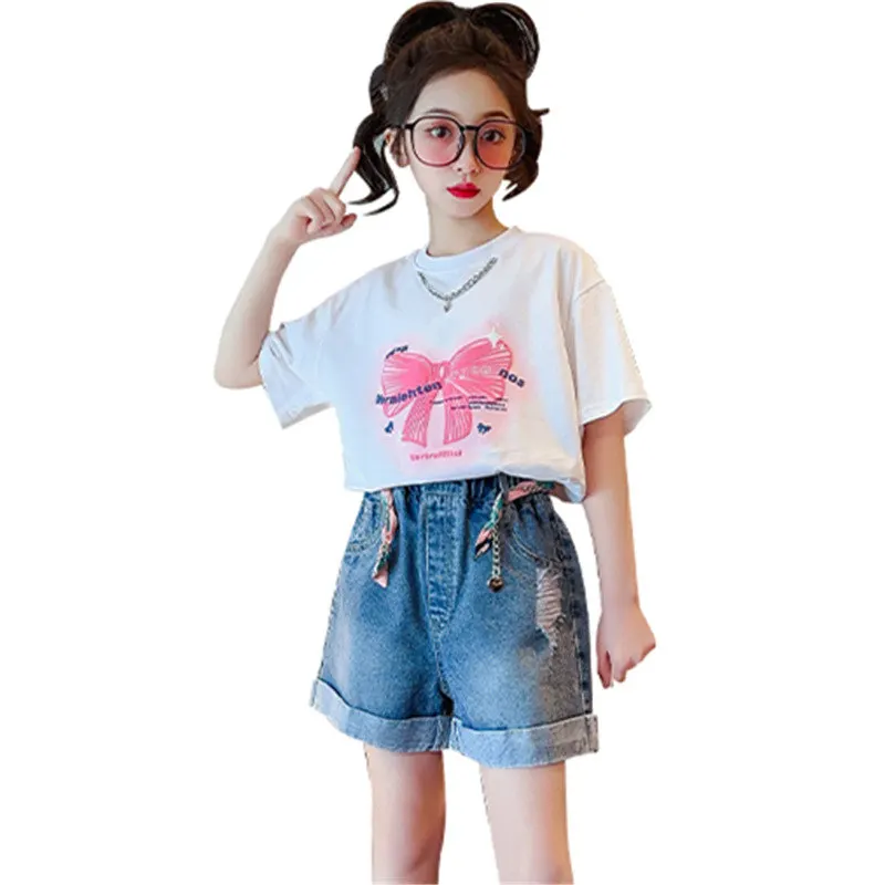 

2023 Girls Summer Clothes Sets Outfits Kids Bow Pattern Top + Denim Shorts New Arrival Casual Children Clothing Suits 5-14 Years