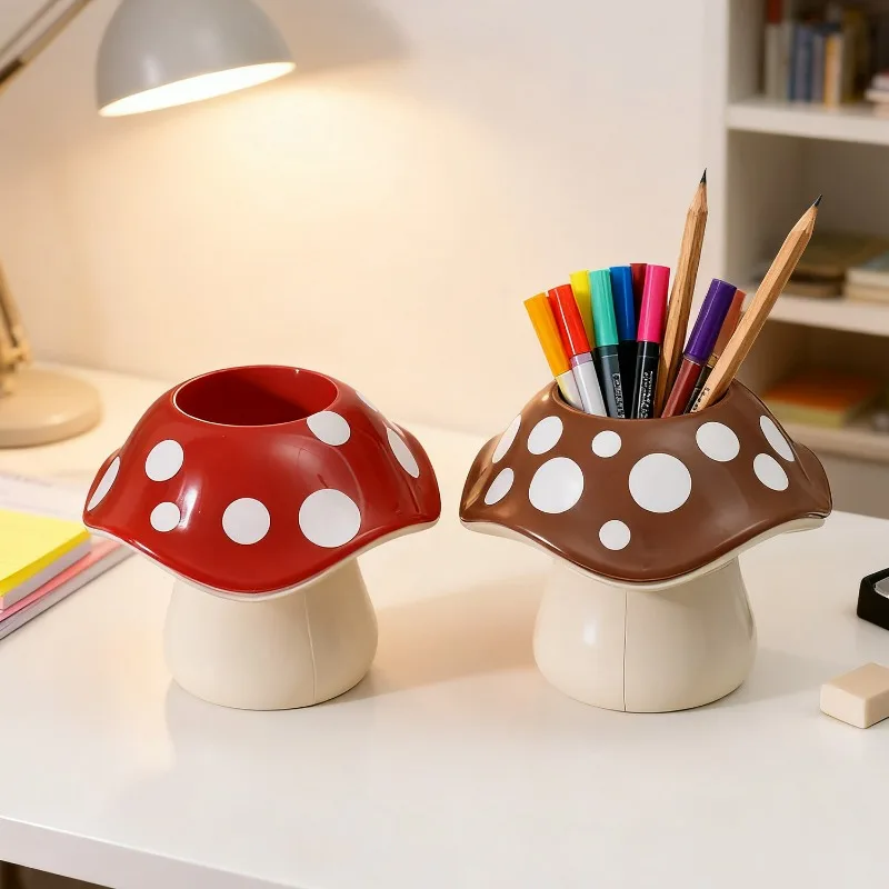 Plastic Red Brown Mushroom Storage Box Makeup Brush Holder
