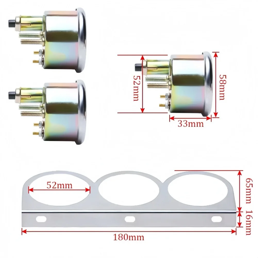 2인치 52mm 트리플 게이지 키트 오일 압력 수온 전압계 크롬 패널 자동차 대시보드 장식 액세서리 계기판 도구