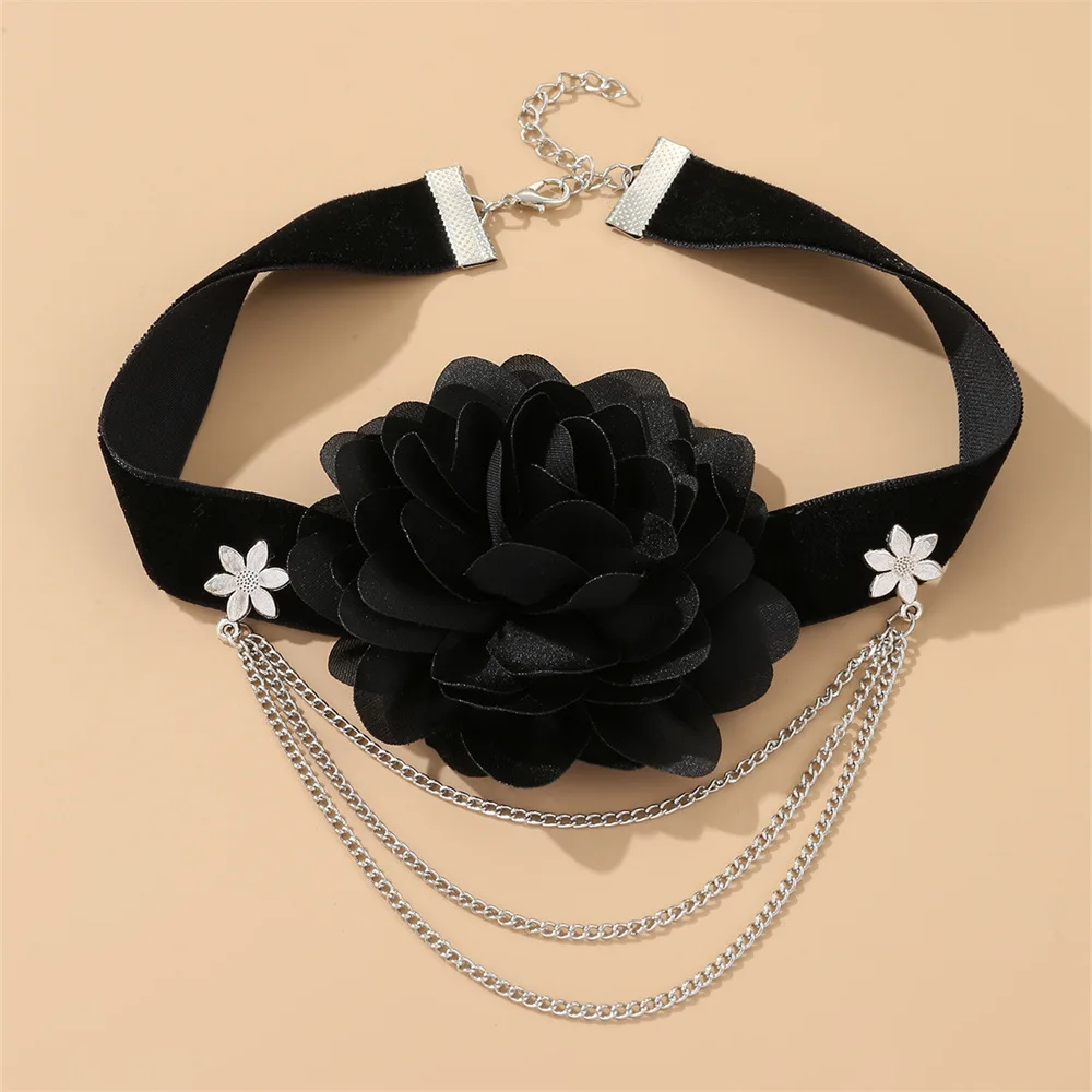 Black Flower Velvet Choker For Women Tassel Layered Necklace Clavicle Chain New Y2k Exaggerated Pendant Necklace Jewelry Female