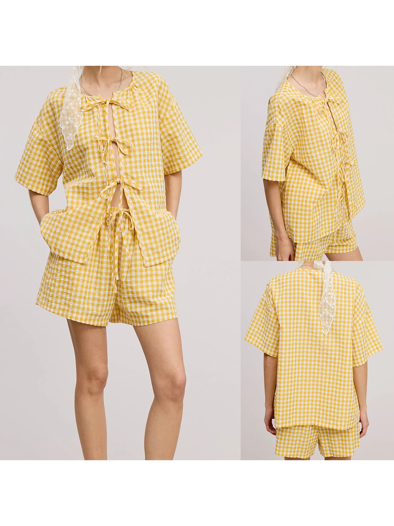 Women s Casual Summer Pajama Set with Short Sleeve O Neck Plaid Tops and Tie Front Shorts for Loungewear