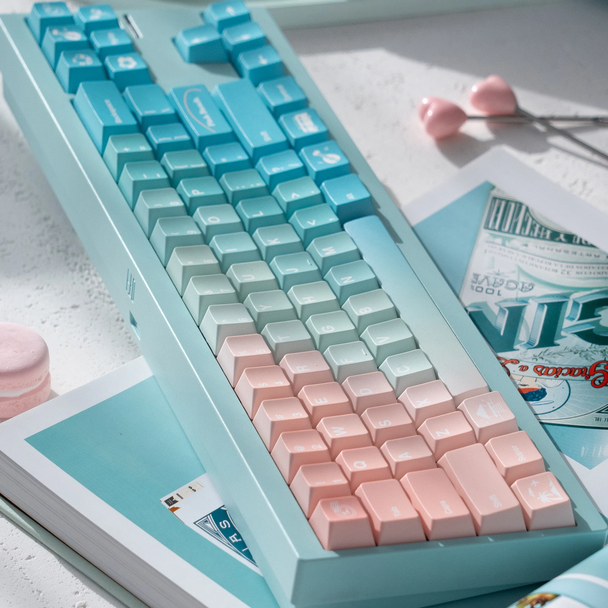 FBB 키캡 핑크 비치 테마 그라데이션 컬러 PBT 키캡 60%, 75%, 80%, 96%, 100% 기계식 키보드용 키캡 DIY 선물 소녀용