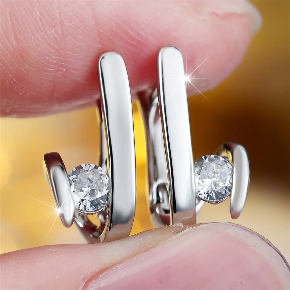 White Zircon Round Stone Geometric Hoop Earrings For Women Vintage Silver Color Ear Buckle Wedding Party Jewelry Engagement Gift