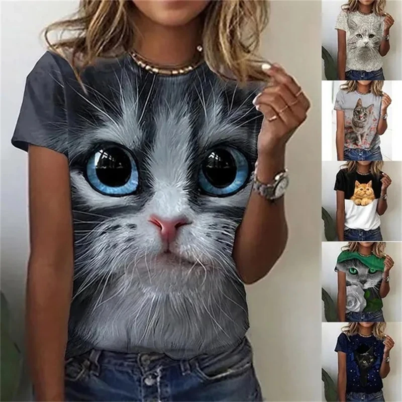

Футболка женская с 3d-рисунком кошки, повседневный модный топ с коротким рукавом и круглым вырезом, дышащая удобная рубашка
