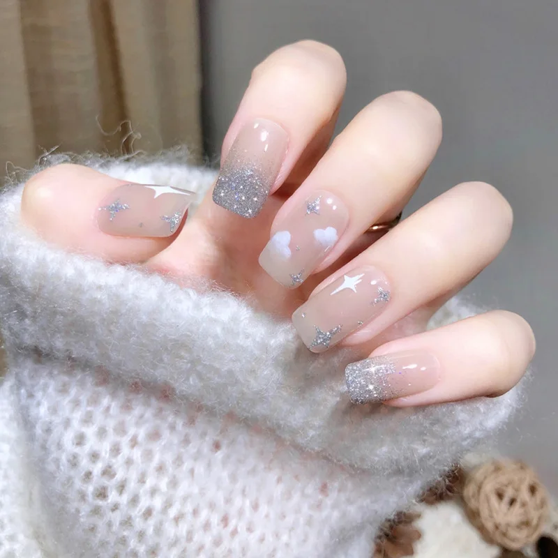 

Silver Glitter Powder Stars White Cloud Wearable Long Square Fake Nails Full Cover Finished False Nails Press on Nails with Glue