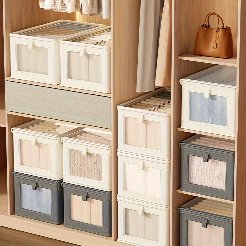 Canvas Storage Box with Transparent Window Strip - Foldable Clothing Organizing Box for Home Wardrobe Sorting