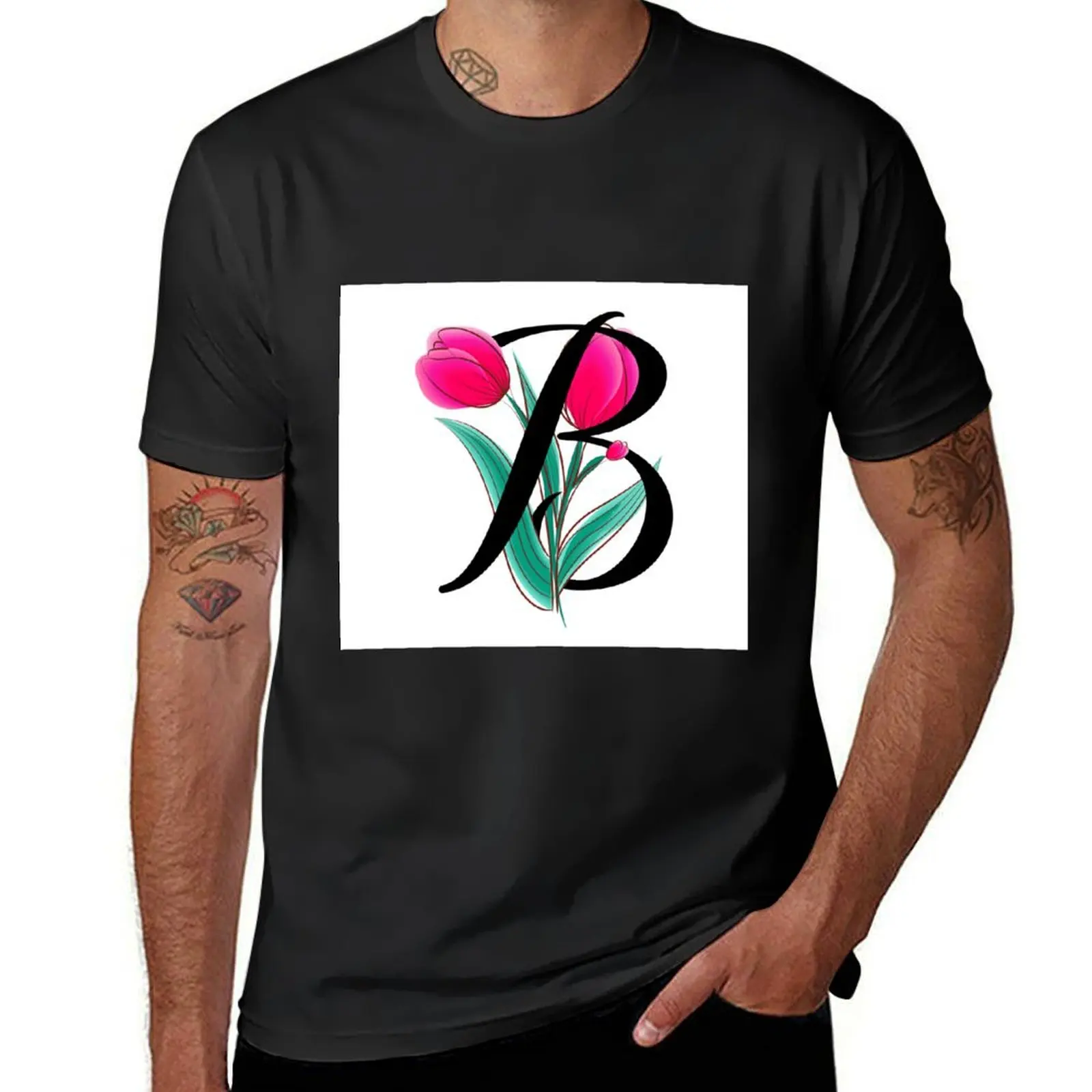

Letter B tulip T-Shirt tees vintage clothes customizeds blacks mens clothing