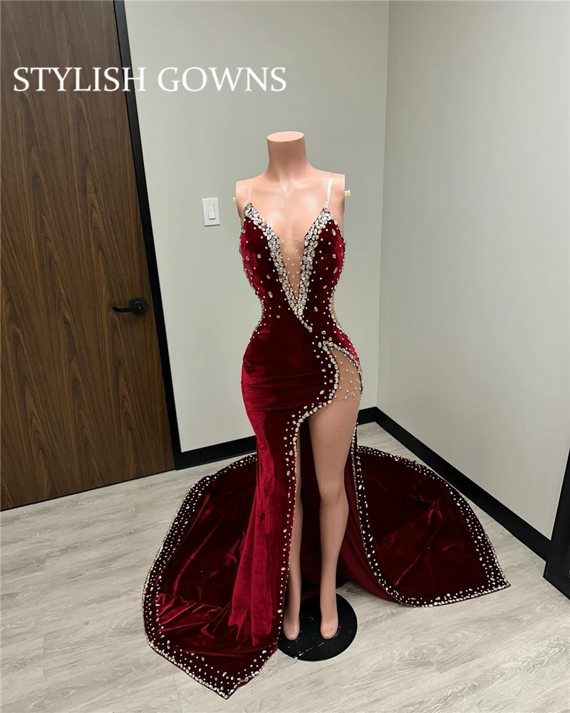 

Red Sweetheart Long Prom Dress Black Girls Birthday Party Dresses Beaded Evening Gowns Crystal High Slit Gown Robe De Bal