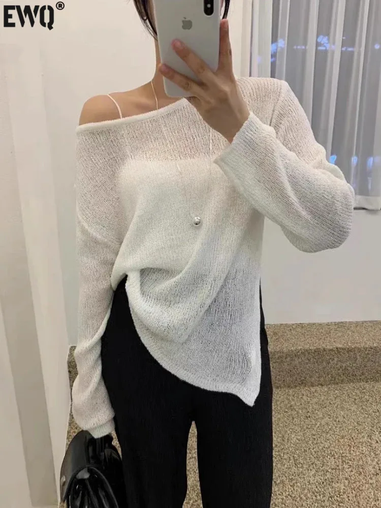 

Женский пуловер с косым воротником [EWQ], черный или черный пуловер с косым воротником, с небольшим прозрачным разрезом и защитой от солнца, трикотажный топ, весна-лето 2024, 16U9287