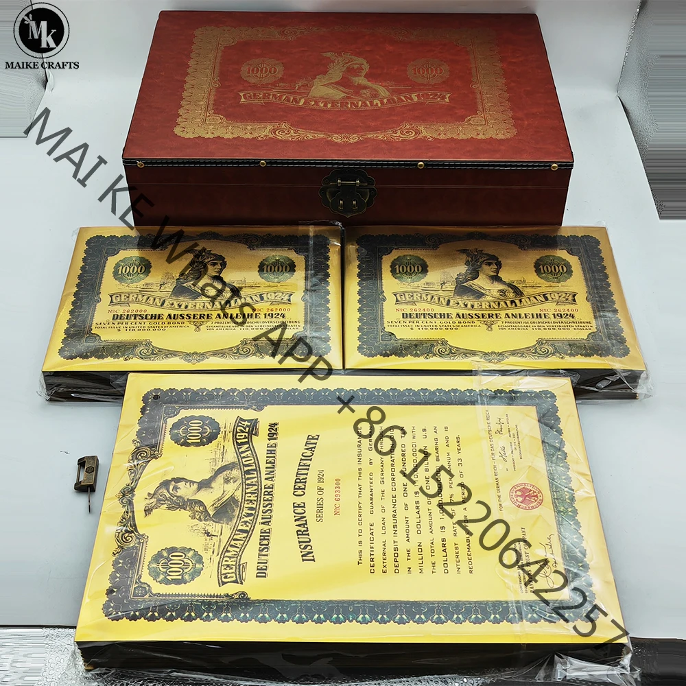 

300 Pcs/set 1924 German Bond $1000 Gold Foil Banknote with UV Ultraviolet and Serial Number Box Collection Business Gifts