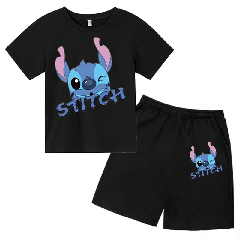 어린이용 릴로 스티치 편안한 티셔츠 세트, 라운드 넥 티셔츠, 스트리트 패션, 캐주얼, 소년 소녀 의류, 여름