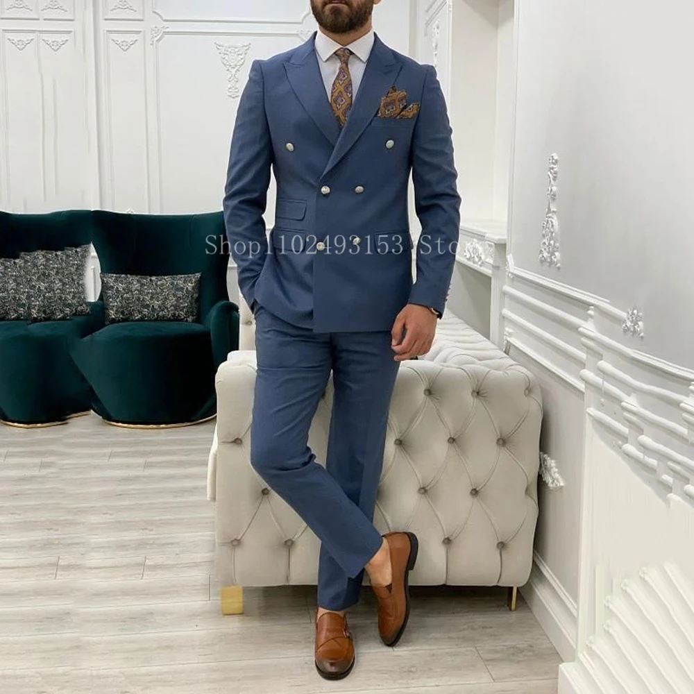 Custom Made Classy Male Suits Slim Fit 2 Pieces Double Breasted Peak Lapel Elegant Formal Business Groom Wear Costume Homme