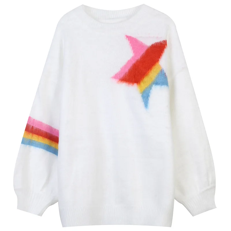 Autumn Winter Rainbow Five-pointed Star Sweet and Loose Sweater Women Pullovers Casual Split Korean Knitwear Plus Size Jumper cardigan Sweaters