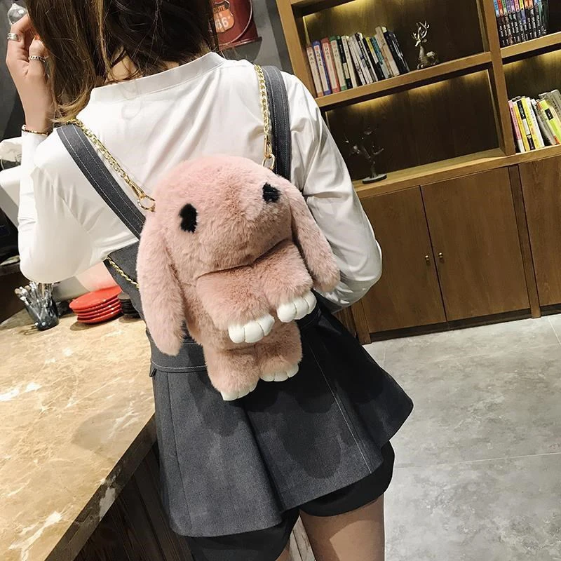 

Fluffy Stuffed Bunny Shoulder Bag Plush Backpack Cute Fluffy Rabbit Fur Pompoms Chain Bag Women Cartoon Rabbit Sling Bag 2022