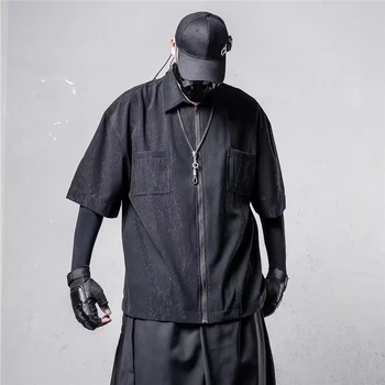 Zipper Cargo Shirt Mens Streetwear Hip Hop Punk Short Sleeve Shirt Men Oversized Harajuku Vintage Casual Blouse Male 1