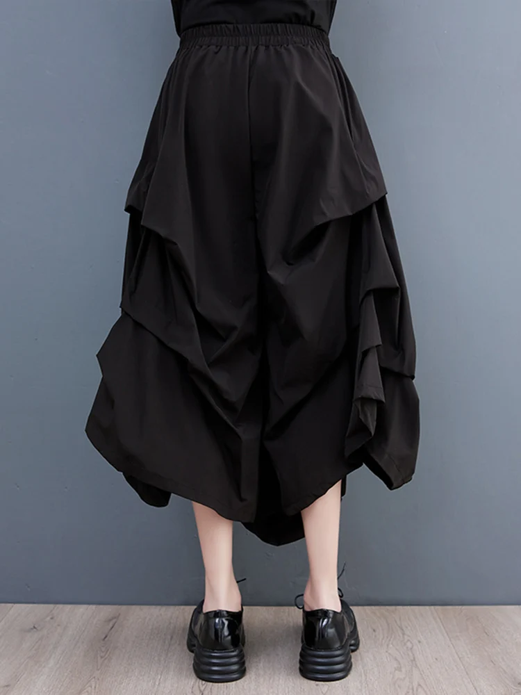 2025 Spring Summer Black Vintage High Elastic Waist Draped Wide Leg Pants Women Loose Casual Pocket Fashion Ladies Trousers