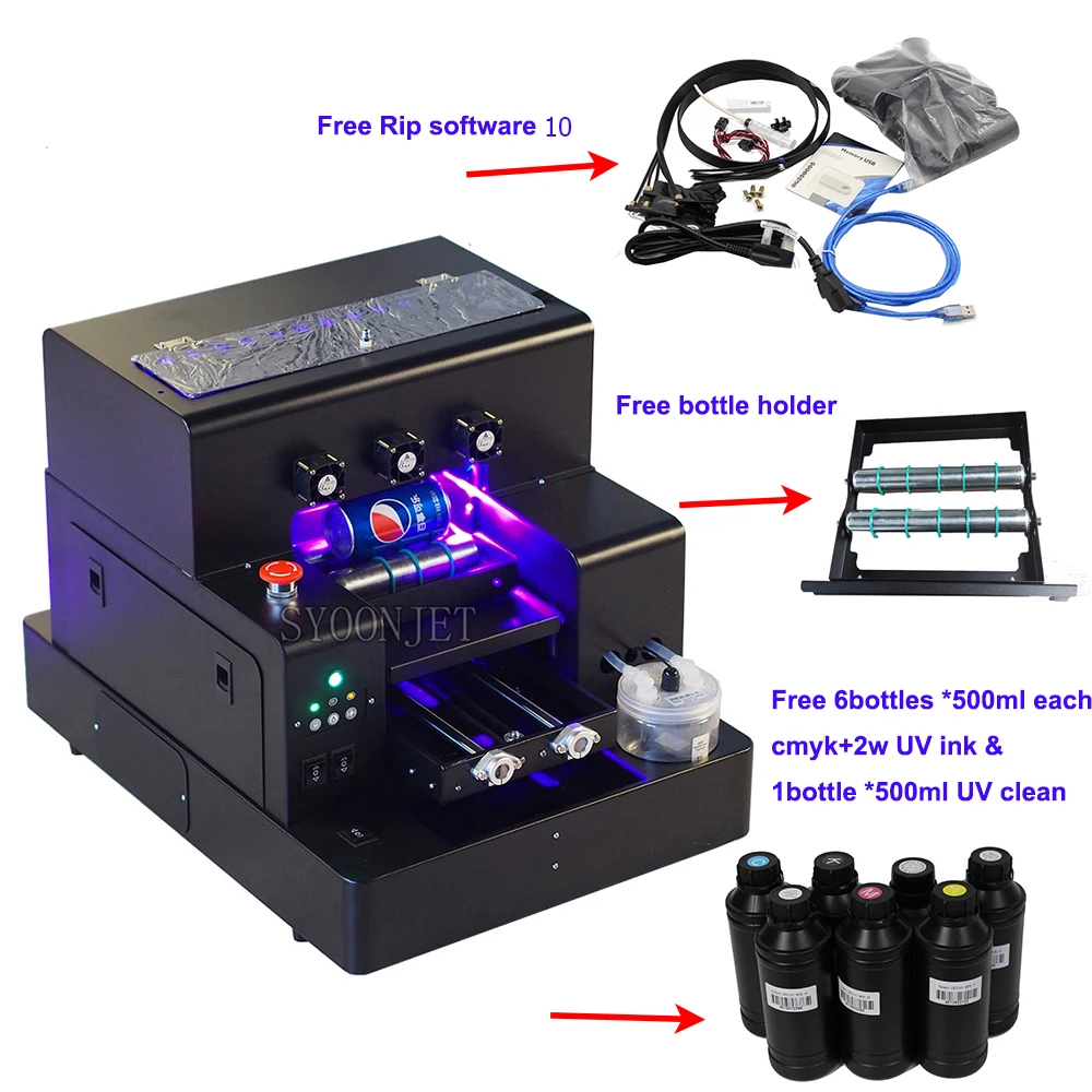 

Full Automatic UV Printer A4 Flatbed Bottle Phone Case Printer With 3500ml Ink Set For glass metal ceramic a4 UV printer