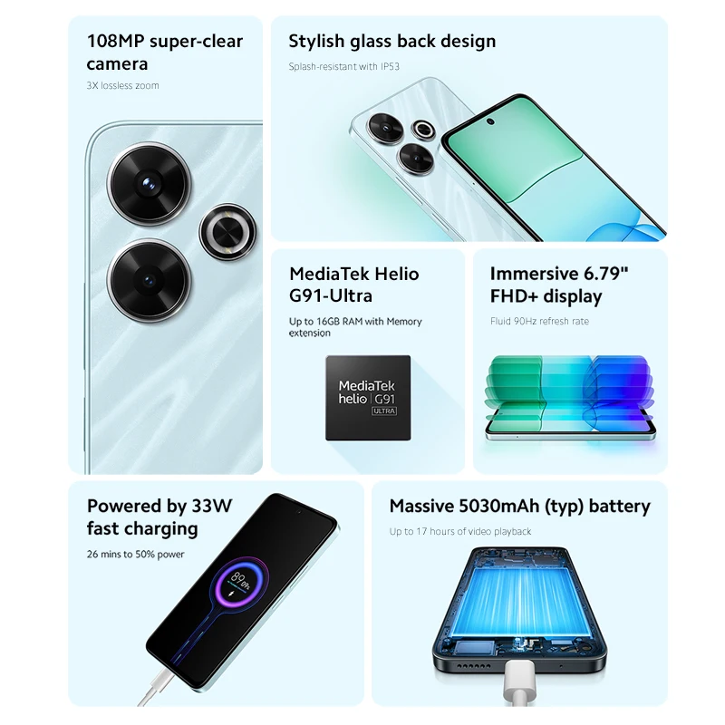 Global Version Xiaomi Redmi 13 Cell Phone Mobile Phone 128GB / 256GB ROM 108MP Camera MTK Helio G91-Ultra CPU 90Hz 6.79" FHD+ display 5030mAh