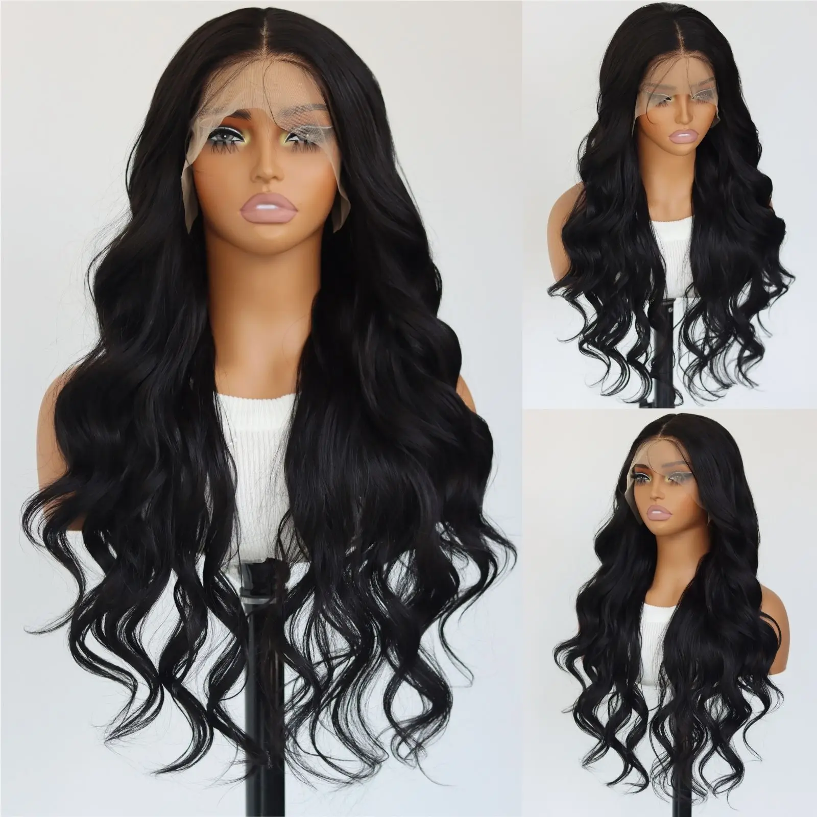 Black Body Wavy 13x4 Lace front wig Long Wave Lace Front Synthetic Wig Black Wavy Wig  Pre Plucked Natural Hairline Wig 24Inch