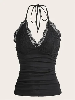 Lace V-neck Halter Top Women Summer Sexy Grunge Punk Goth Backless Ruched Crop Top Cami Top Streetwear Y2K Clothes 2024 1