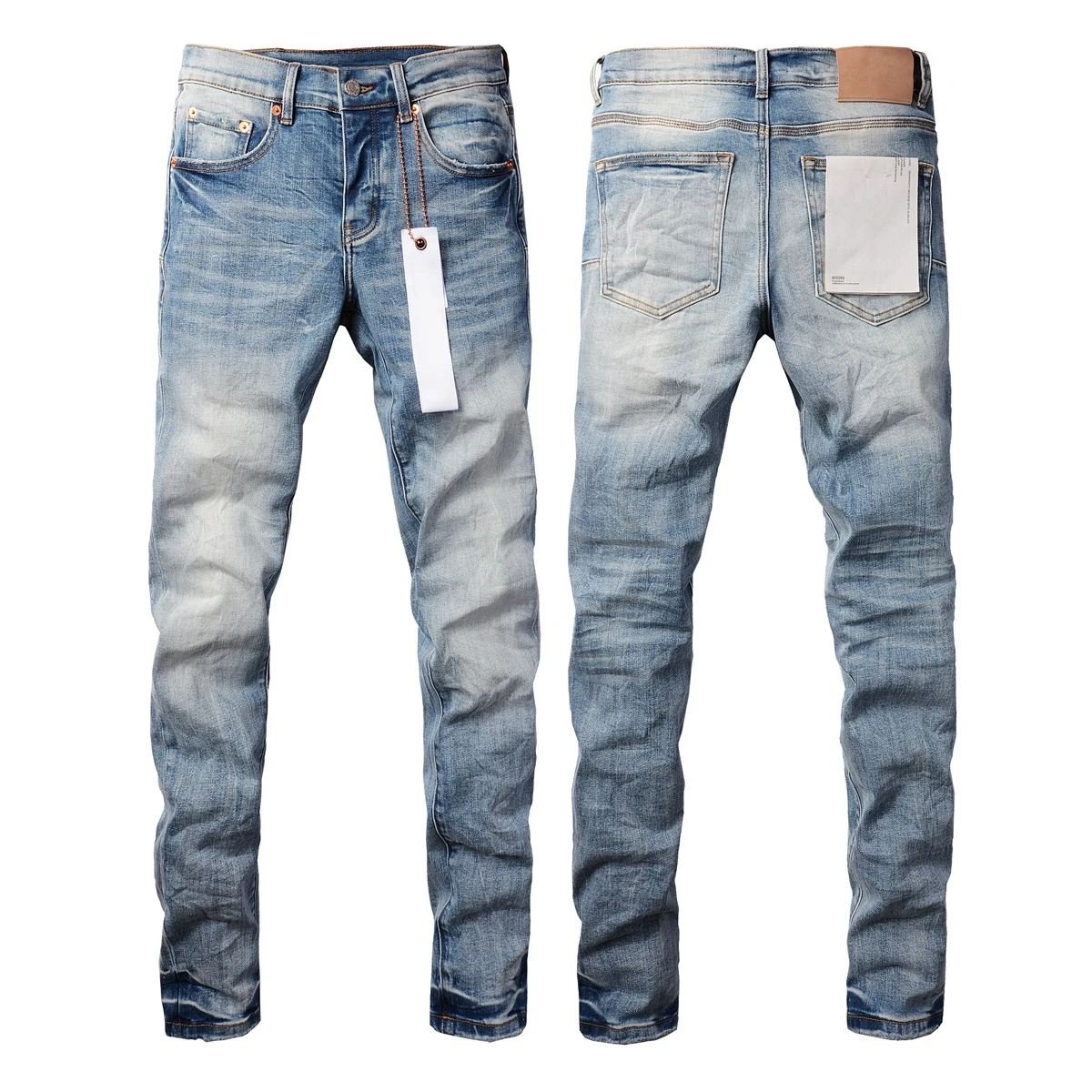 

2024 High-Quality Blue Denim Jeans Destroy Paint Faded Distressed Slim-Fit Vintage Rise American High Street Blue Patches