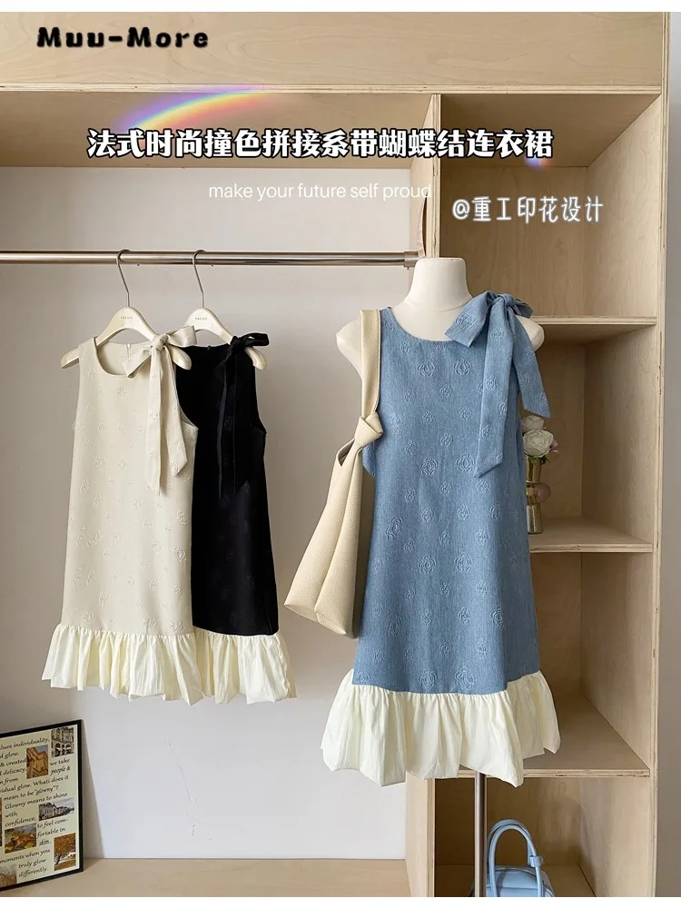 

Женское платье без рукавов, элегантное офисное платье в стиле пэчворк с круглым вырезом, шикарное свободное милое платье с бантом, лето 2024