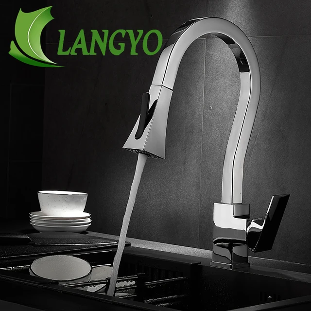 LANGYO ก๊อกน้ําอ่างล้างจานร้อนเย็น Mixer หมุนดึง Sprayer ก๊อกดาดฟ้าติดตั้งก๊อกน้ําทองเหลือง 2