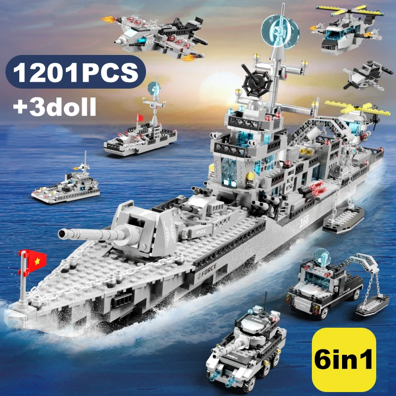 

1134PCS Navy Ship Sets Destroyer Battleship Building Blocks Aircraft Carrier Model Assembled Children Military Educational Toys