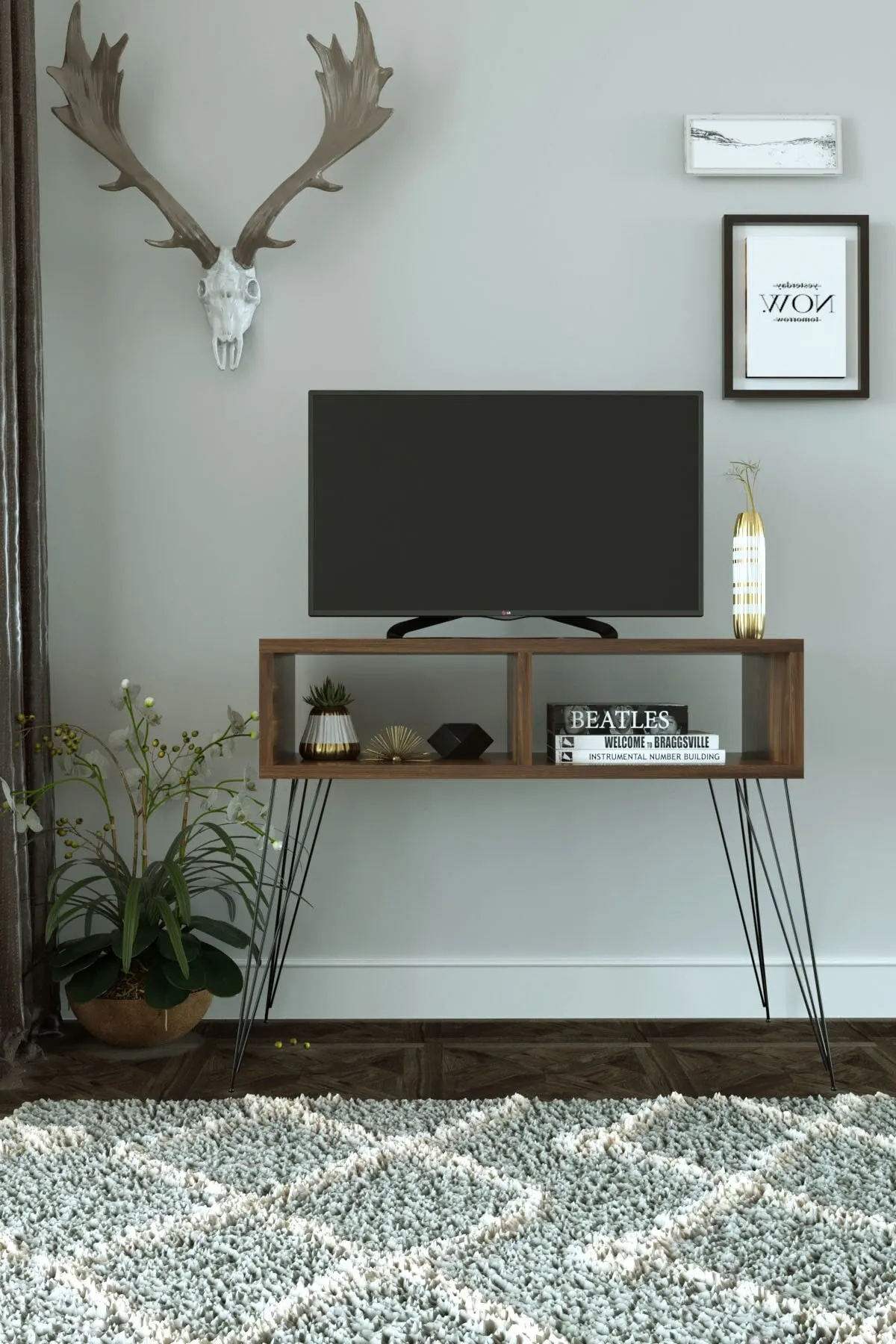 

TV Stand Stylish Design Furniture in Brown Black White Colors Metal Legs Living Room 2 Section Useful Cabinet