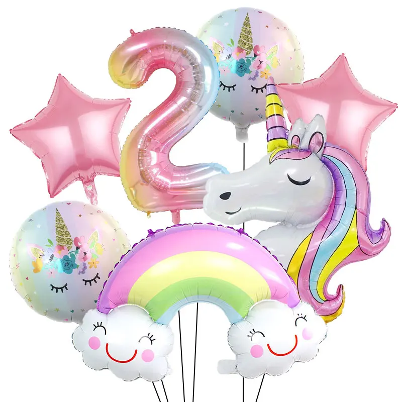 Regenbogen-Einhorn Geburtstagsparty Dekorations-Set Tischgeschirr Becher Teller Servietten Ballons Hintergrund-Banner Geschenktüten Mädchen-Partyzubehör – Detail 29