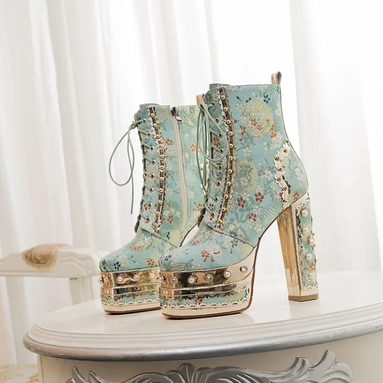 

Light Blue Embroider Lace Women Platform Ankle Boots Pearl Studded 14cm Chunky High Heels Botines Yellow Zipper Autumn Botas2022