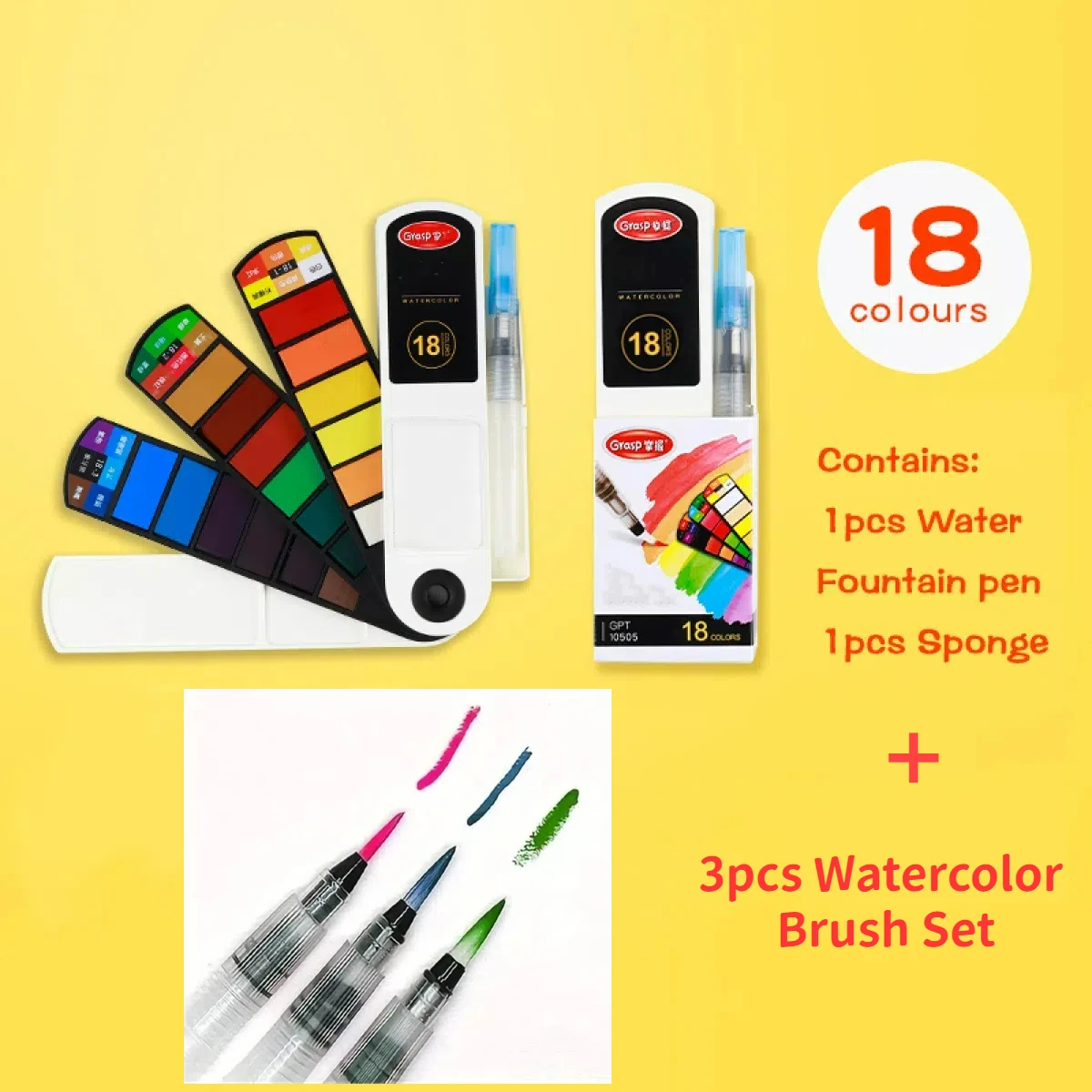 סט פיגמנטים צבעוניים מוצקים בגדלים 18/24/42/60, ניתן לקפל, עם מברשת מים, עט אמנותי בצורת מאוורר ספציפי