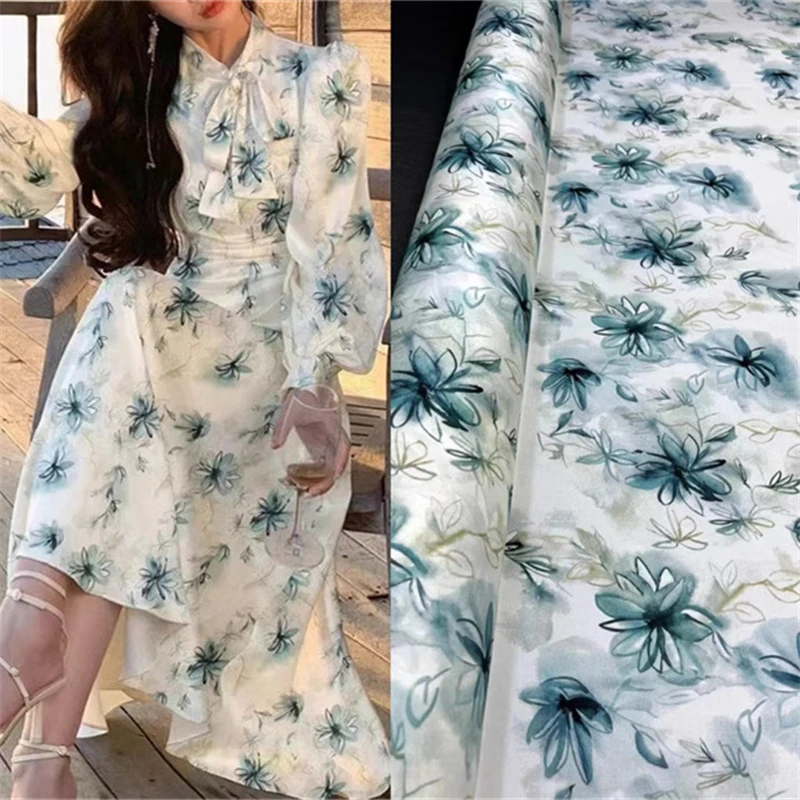 

Summer New Ink Fresh Fragmented Flower Elastic Thread Double Qiao Silk Fabric Women's Evening Dress Skirt Satin Fabric By Yard