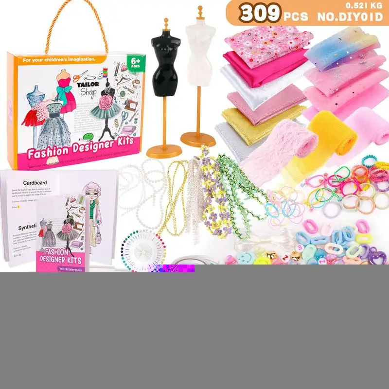 Dress Designer Kit For Girls 309pcs DIY Crafts For Girls Creative 2 Mannequin Stand Fashion Designer Kit Doll Clothes Making