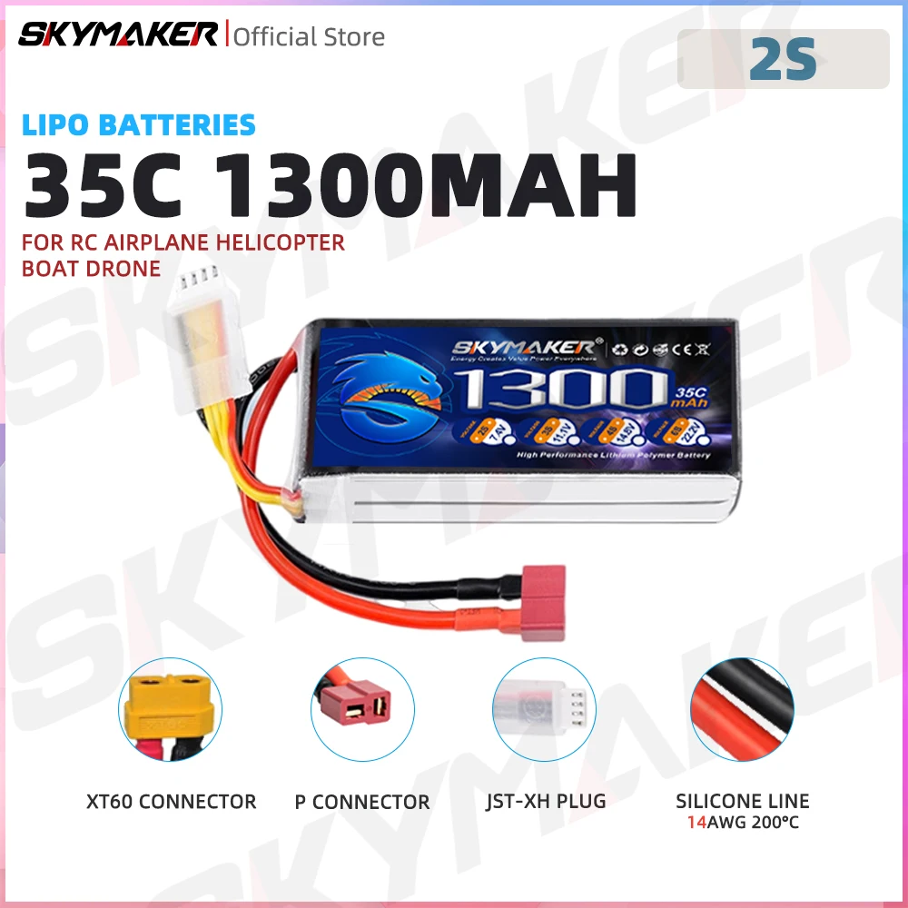 7.4V 2S 1300Mah 35C Skymaker Lipo Battery For Racing Car Drone Fpv Quadcopter Boat Airplane Helicopter Rc Battery Parts Upgraded