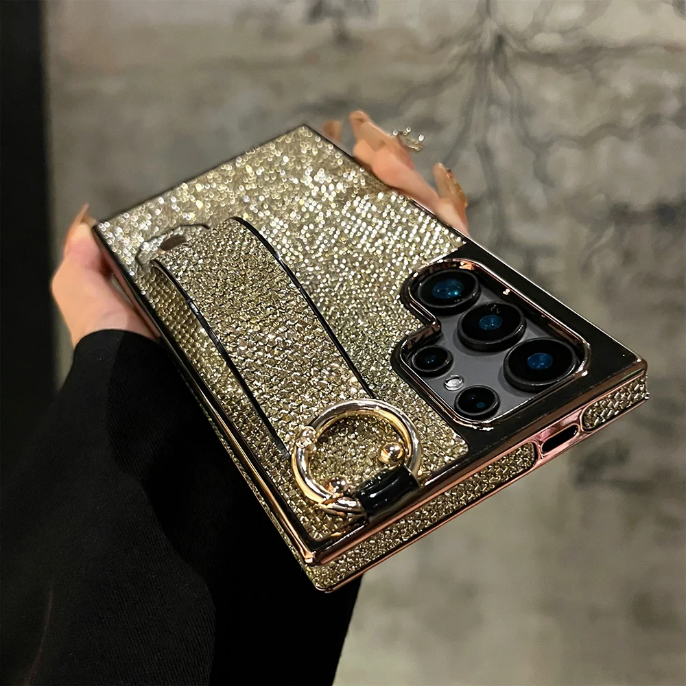 Bling Glitter Sparkling Wristband Holder Grip Case with Electroplated Cover and Wrist Strap