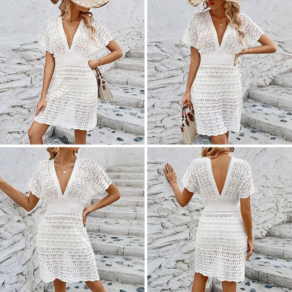 Fashion V Neck Summer Sunscreen Smock Hollow Out Loose Swimsuit Cover Up Dress Bathing Suit Vacation Bikini Cover-Ups for Women 2