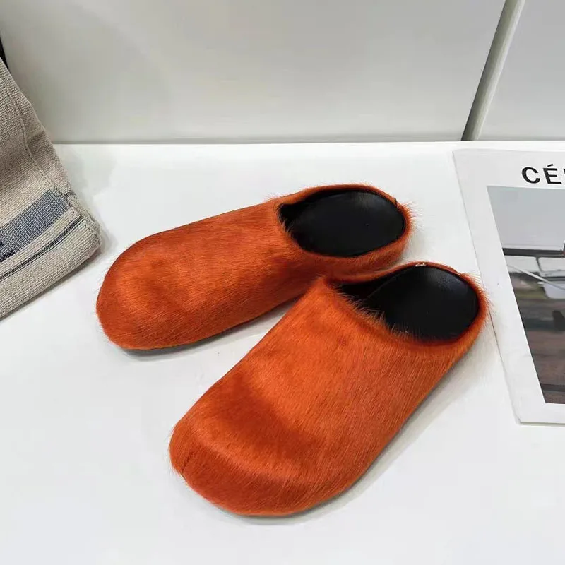 

2024 Luxury design Round headed horse hair bun and lazy slippers Plush slippers Home and outdoor fashion slippers
