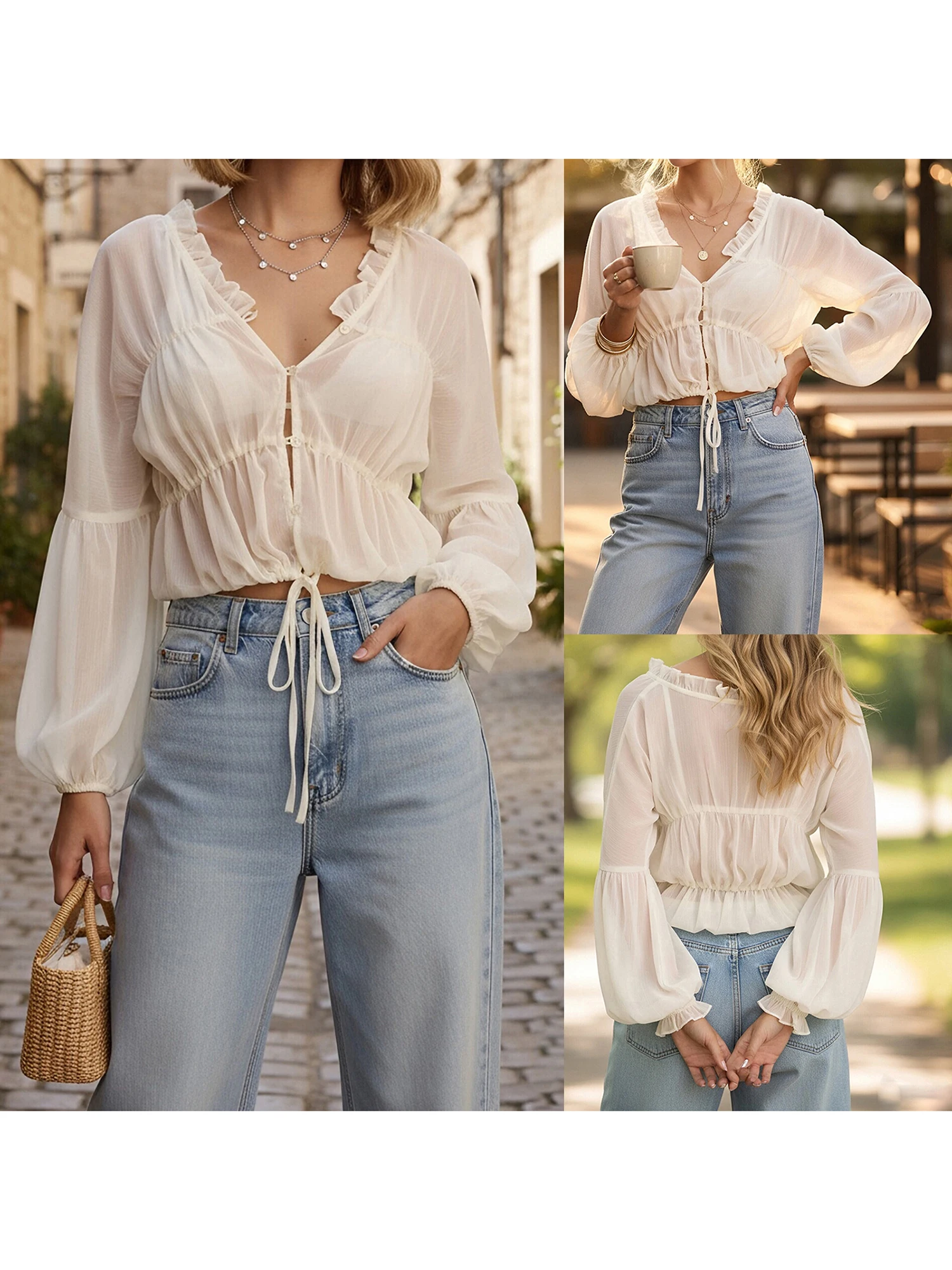 Ladies Fall Fashion Puff Sleeve V Neck Button Down Blouse with Smocked Detail and Loose Fit for Autumn Style
