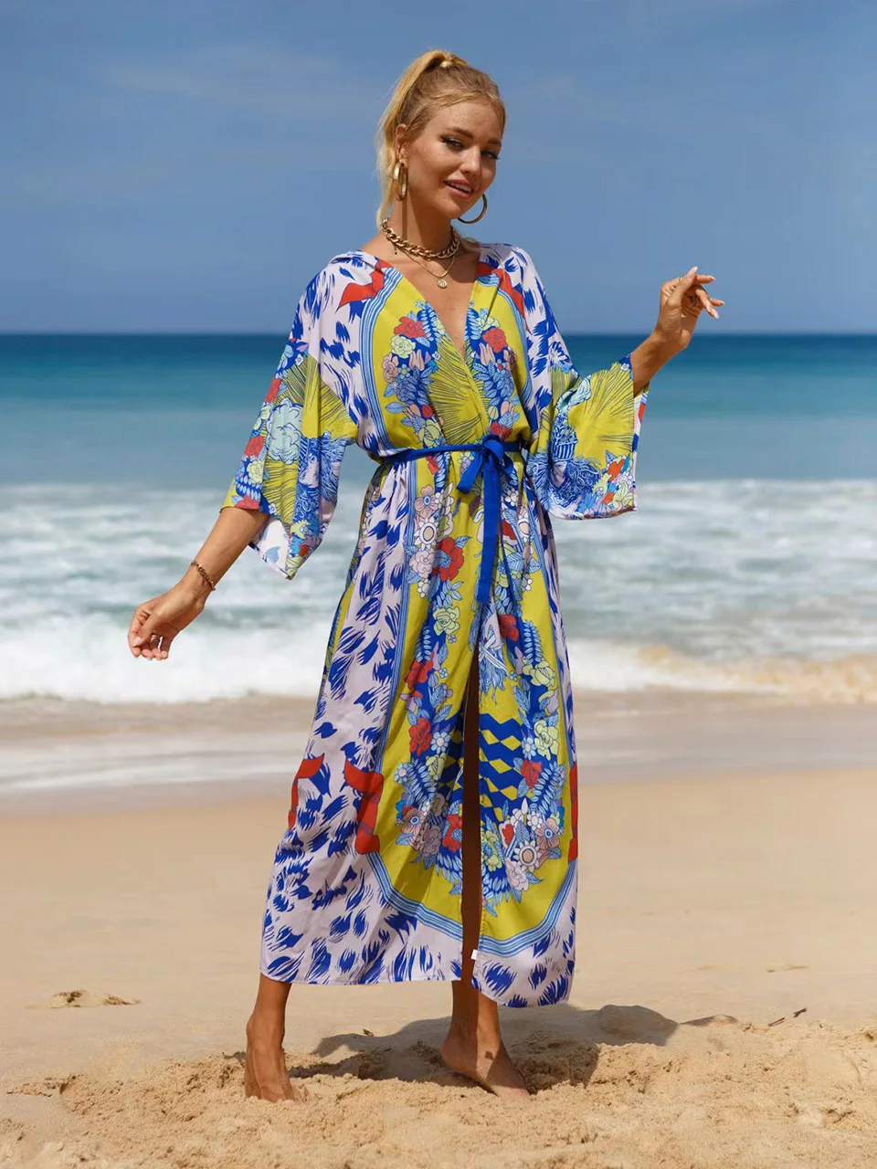 

Beach Kimono Fashion Pareo Cape Tunic Long Dress Sexy Printed with Belt Cardigan Bikini Cover Up Woman Summer Holiday Robe