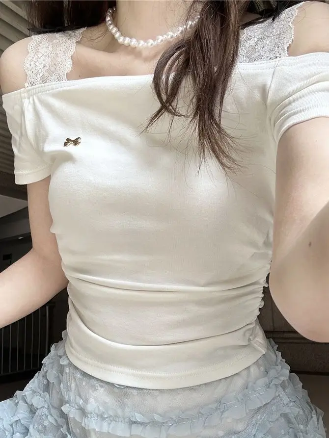 

Korean Pure Desire Short Sleeve T-shirt Lace Suspender Summer New Sweet Breast Good Short Top Slim Fit Hot Girl Kawaii Top Women