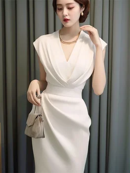 Summer New White Elegant Women's Formal Dress Vintage V-Neck High Waist A-Line Midi Dress Celebrity Evening Party Vestidos