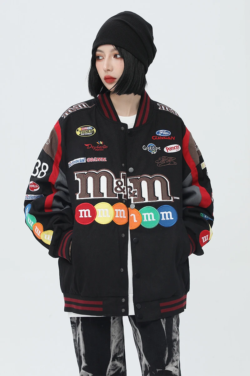 Y2k Streetwear Biker Jacket Men Women Embroidery Letter M&Ms