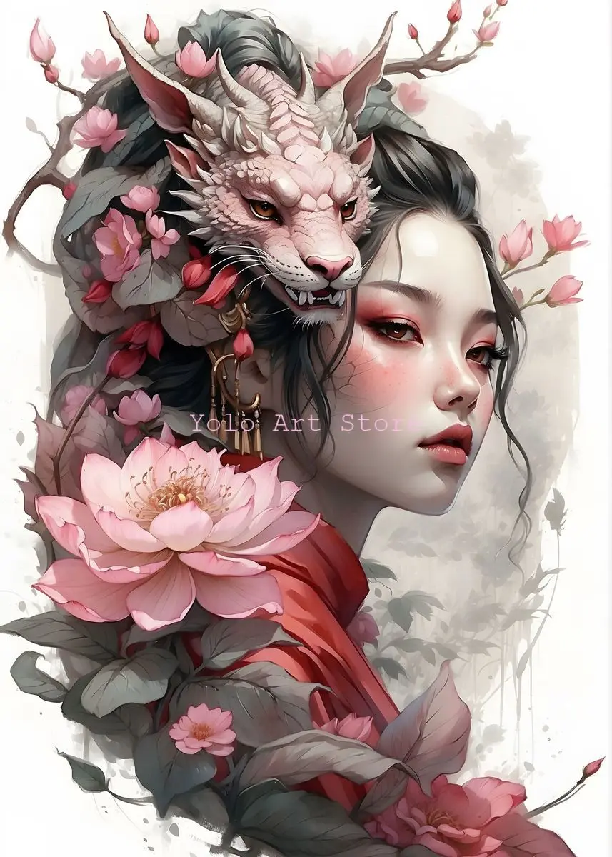 thumbnail image 1 of Póster y impresiones de mariposas y chicas de anime con flores samuráis japonesas modernas, impresión en lienzo, arte de pared, imagen para decoración de sala de estar y estudio, 1 of 5