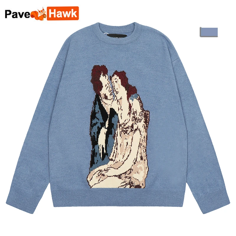 

Autumn Character Print Sweater Men ERD Y2K Baggy Blue Knitted Jumpers Unisex Hip Hop Graffiti Cashmere Pullover Winter 2023